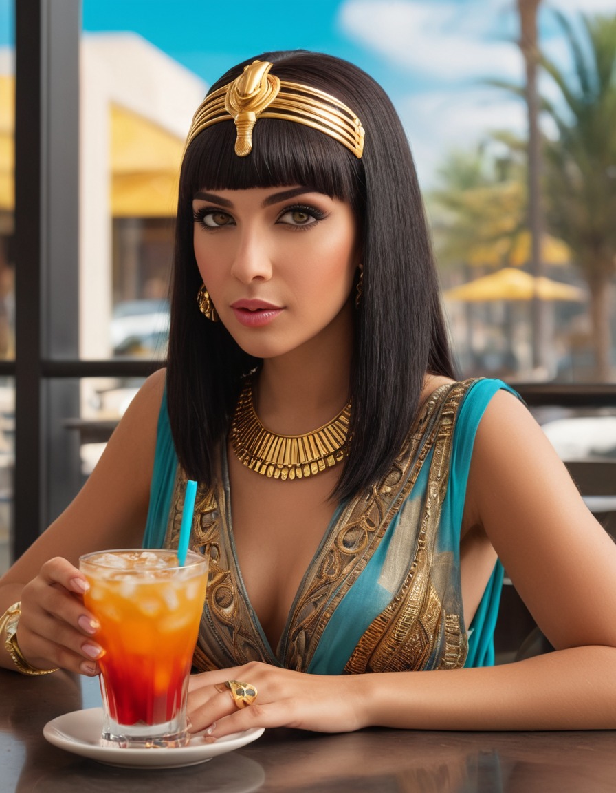 cleopatra, modern, cafe, drink, trendy, royalty, historical figure