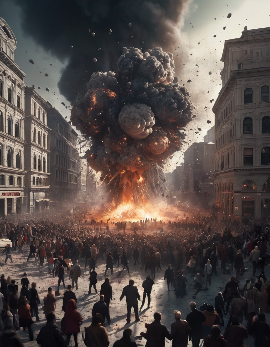 explosion, city square, people, panic, chaos, war, usa