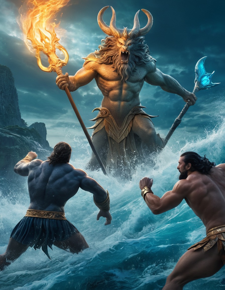 poseidon, epic, fight scene, monsters, greek mythology, deity, ocean