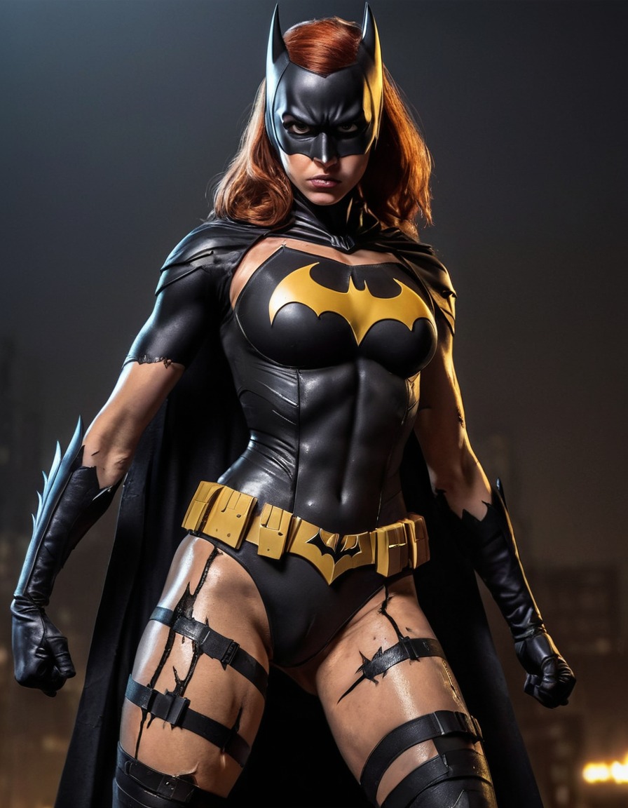 batgirl, superhero, triumph, dynamic pose, battle scars