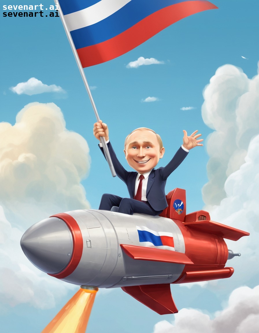 cartoon, vladimir putin, rocket ship, flag waving, russia, putin, russian president