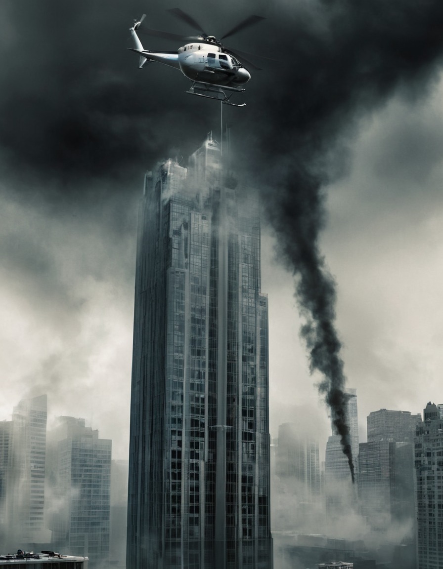 helicopter, skyscraper, smoke, emergency, rescue operations, urban landscape, war, usa