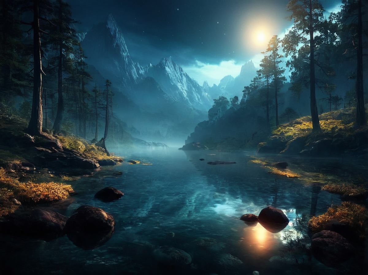 wallpaper, forest, sky, digitalart, epic, reflection, magic, fantasyart, beautiful, dailydeviation, gnarly, lake, lakeeerie, landscape, landscapescenery, light, moon, nature, photoshop, river, roots, serene, stars, stream, tree, trees