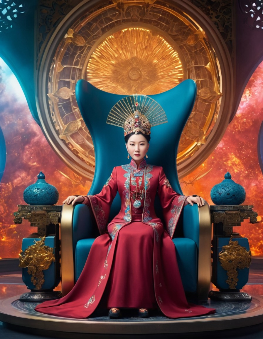 empress dowager cixi, futuristic, throne, advanced technology