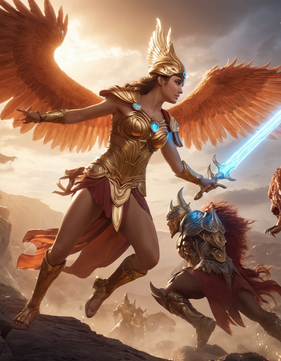 athena, epic, fight scene, monsters, greek mythology, goddess, warrior