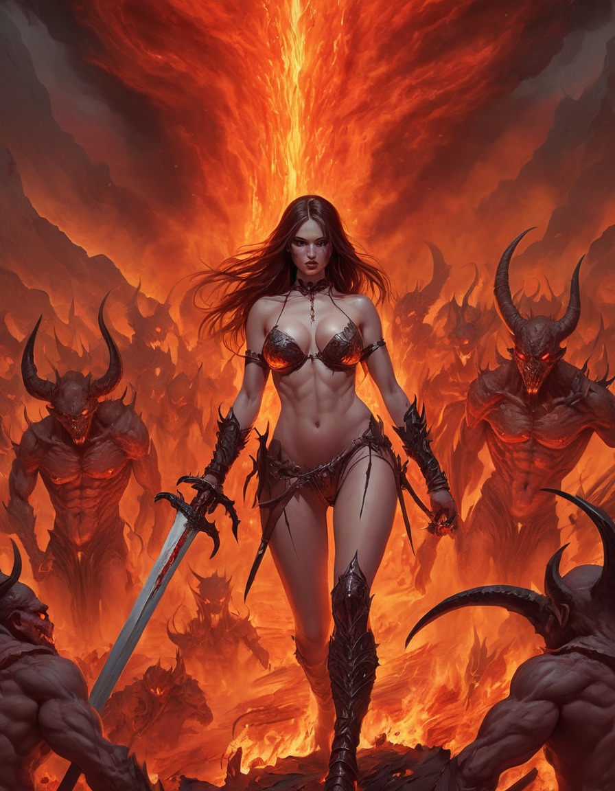 demonesse, flaming sword, army of demons, hell, inferno, supernatural, fantasy, demon, sexy, nsfw	