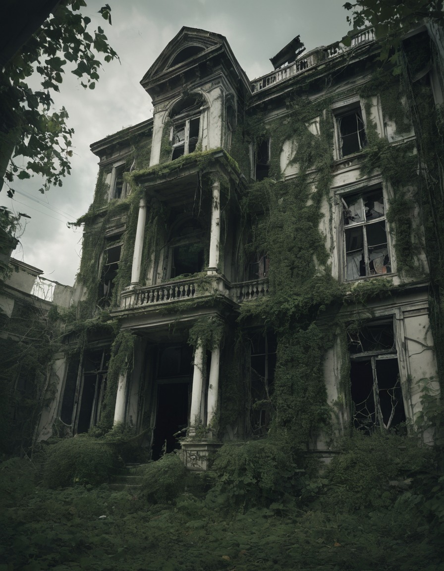 abandoned, mansion, decrepit, overgrown, broken windows, gothic, underground, dark