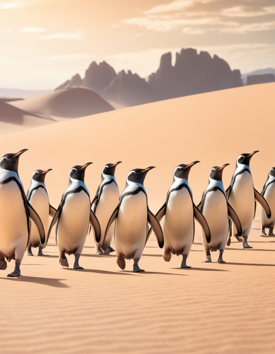 penguins, desert, unusual sight, animals, migration, climate change