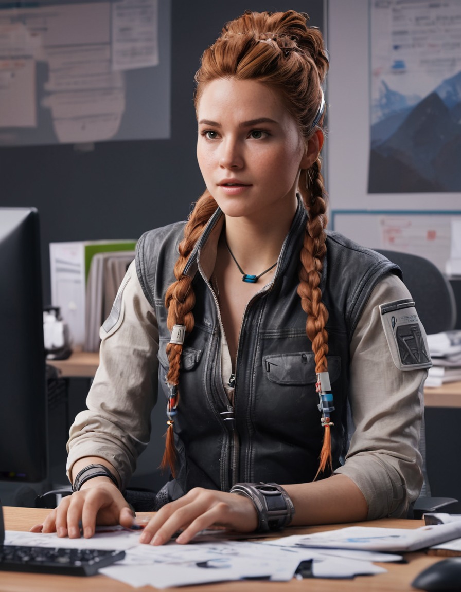 aloy, horizon zero dawn, modern office, cluttered desk, work environment, games, girls from games