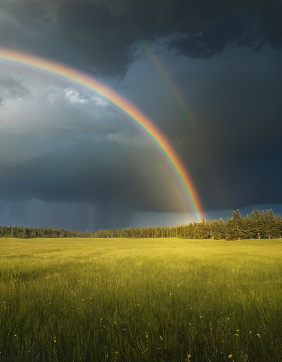 nature, rainbow, stormy sky, meadow, weather