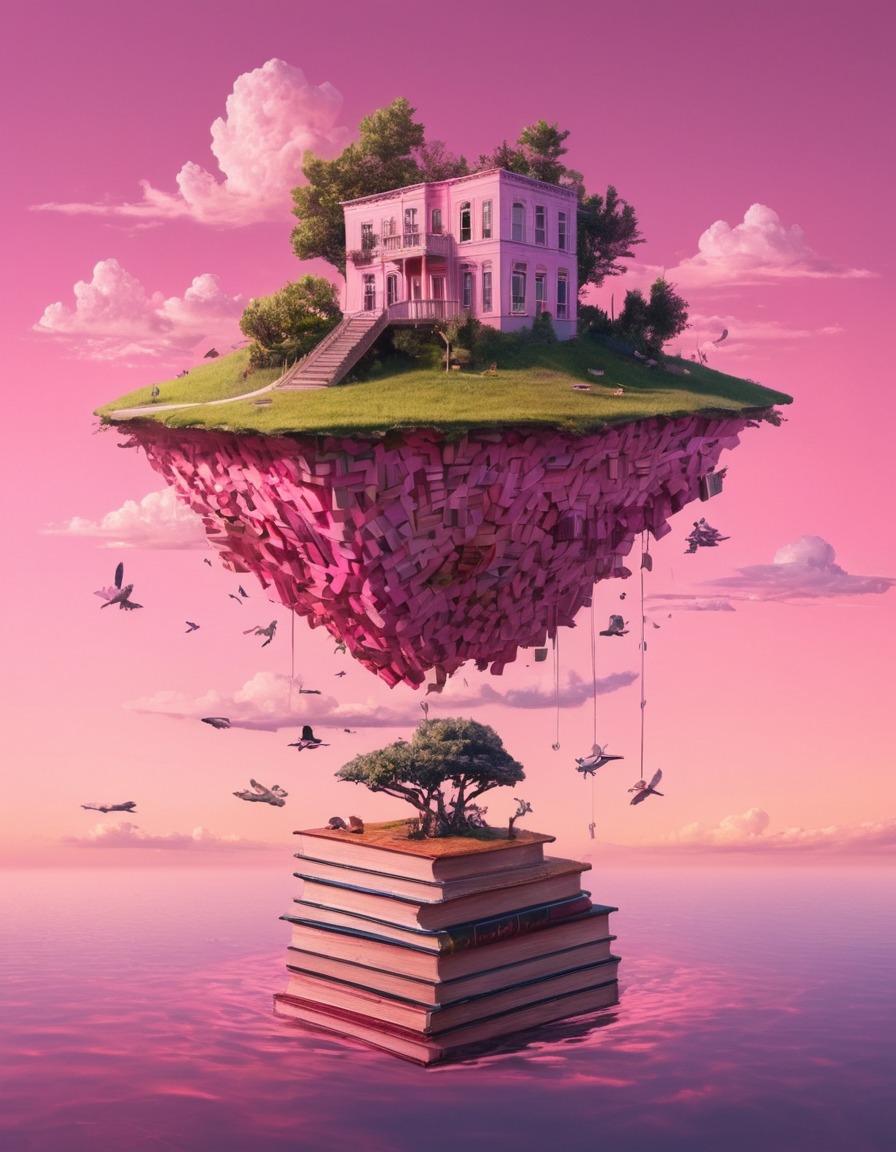 books, floating island, sky, imagination, surreal