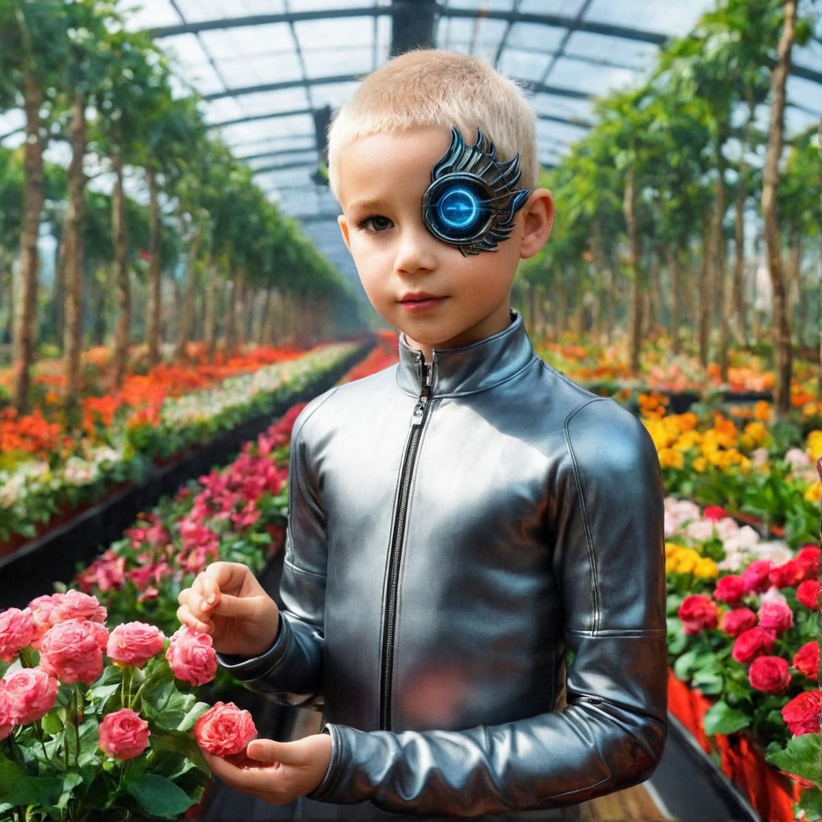 scifi, android, arboretum, bodysuit, boy, buzzcut, expression, flowers, greenhouse, reflective, serious, shorthair, whitehair, photoshopedit, cyberneticeye, ai_generated_art