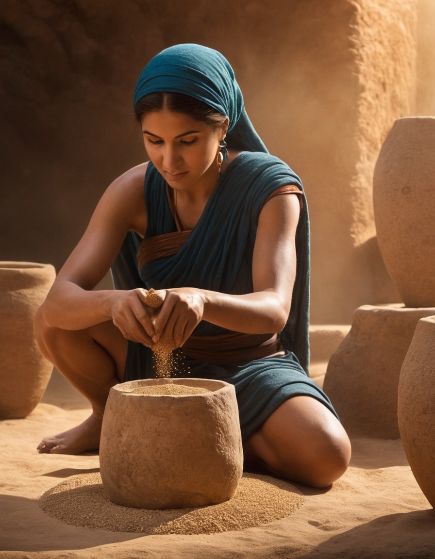 woman, grinding grains, stone quern, mesopotamia, ancient civilization, food preparation, archaeology