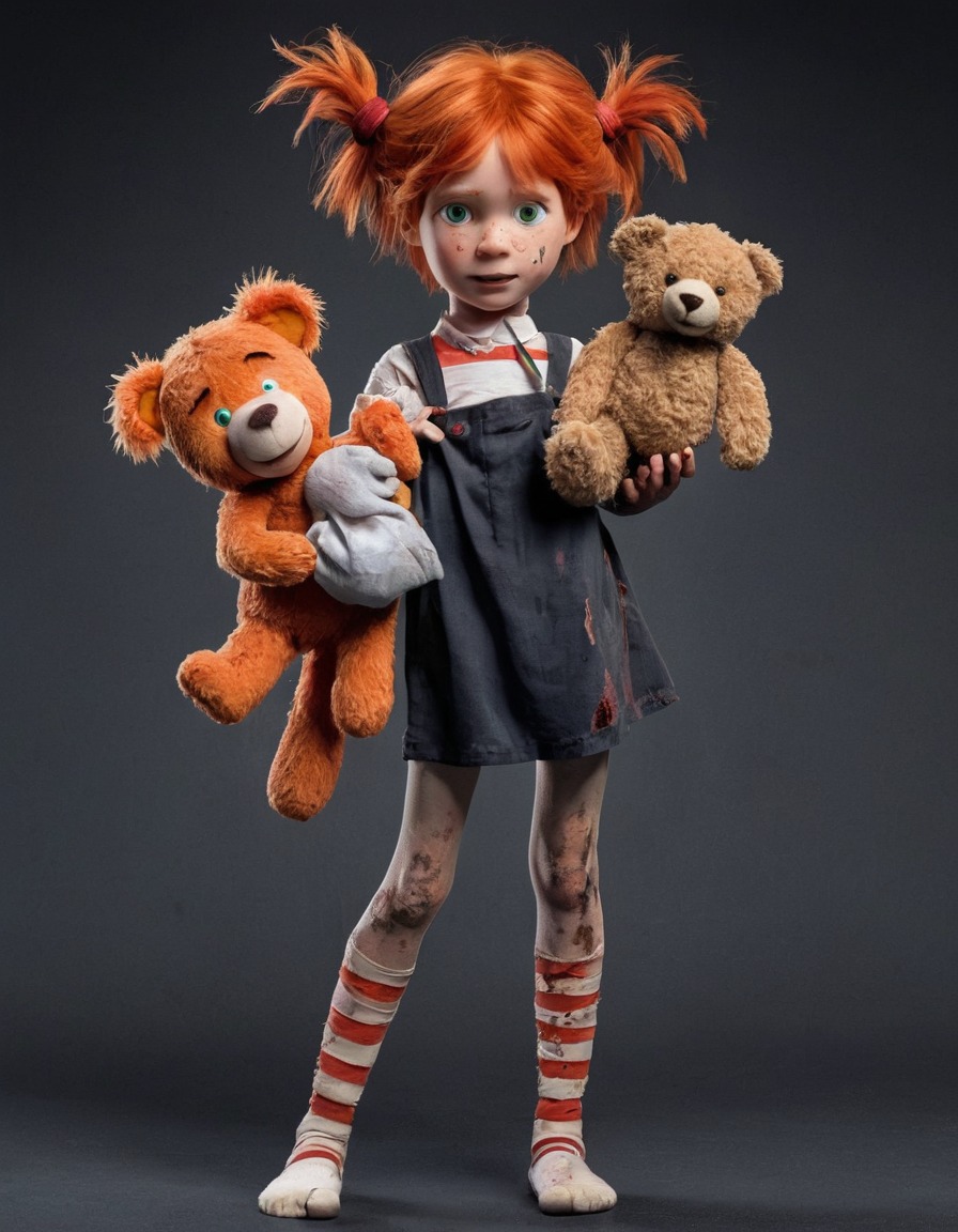 pippi longstocking, wild hair, torn clothes, teddy bear, severed limb, zombie