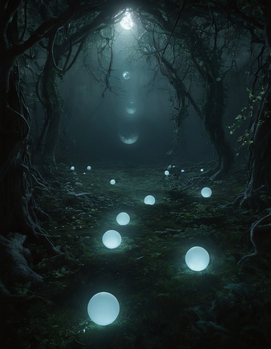 mystical, floating orbs, soft light, magical garden