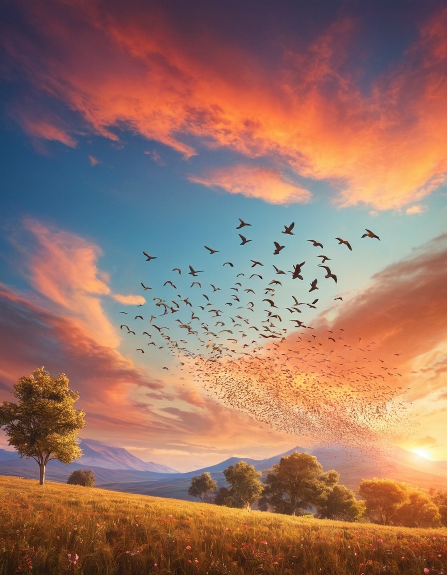 birds, flock, movement, sky, colorful