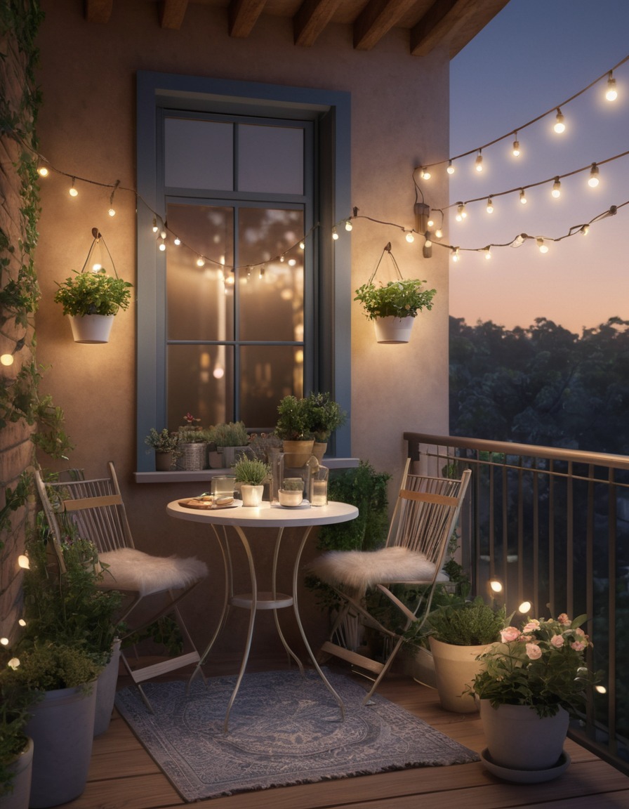 balcony, potted plants, bistro set, string lights, outdoor retreat, home, interior