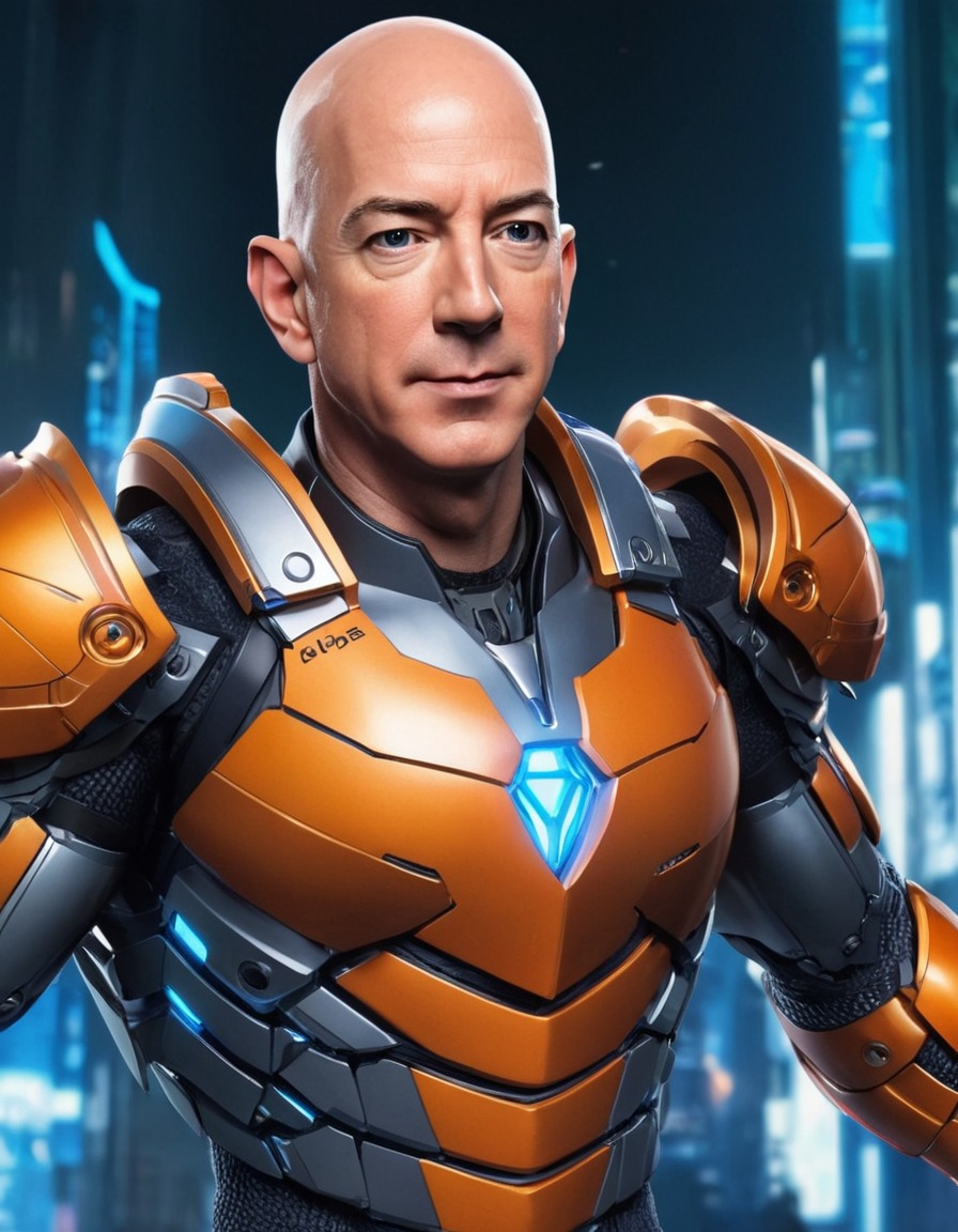 jeff bezos, anime, hero, high-tech, armor, futuristic, gadgets