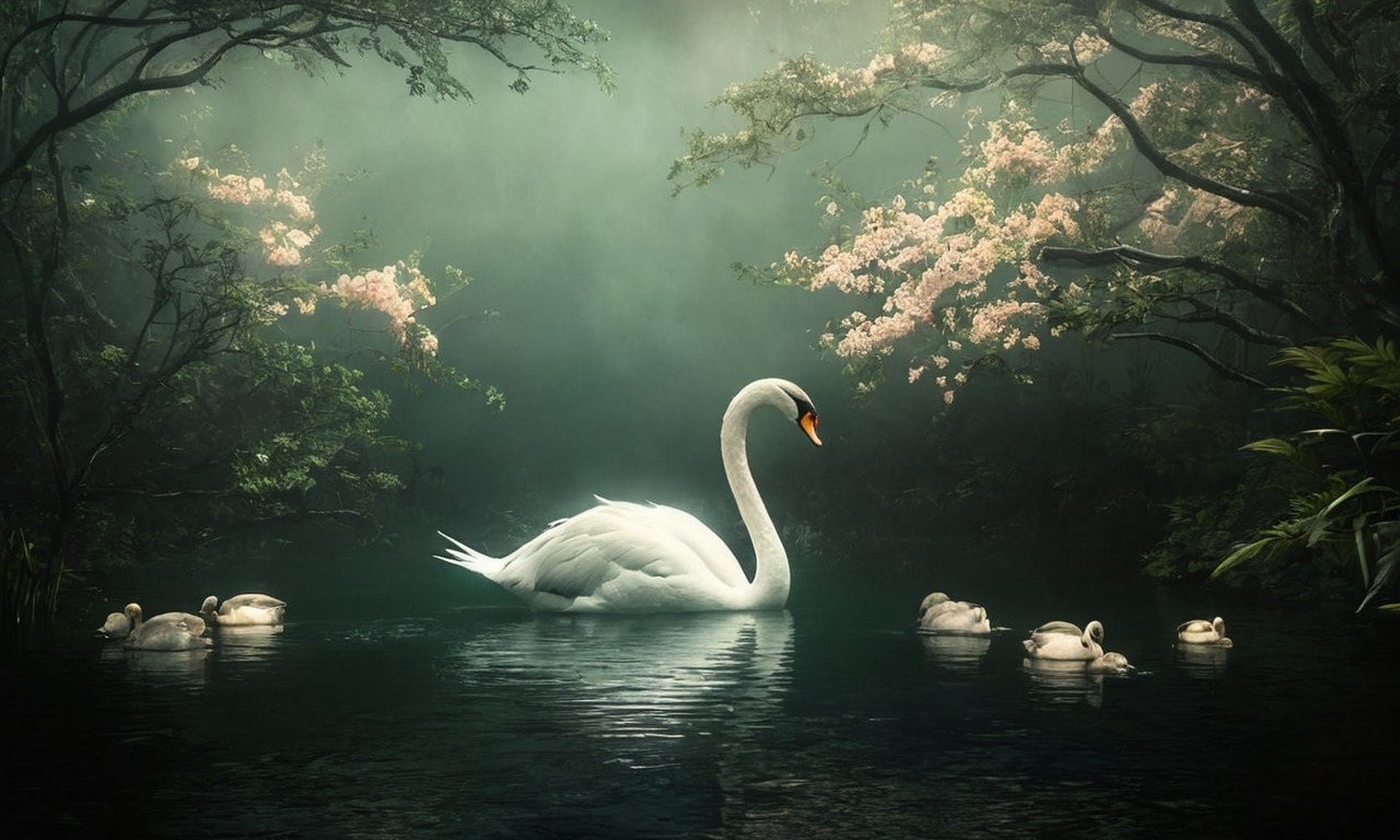 digitalpainting, reflection, beauty, flowers, krea, peaceful, pond, serene, swan, water, midjourney