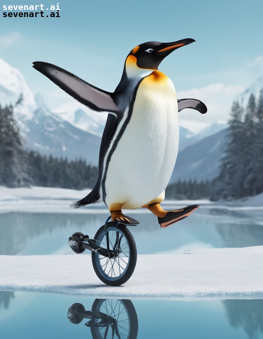 penguin, unicycle, ice, pond, challenge, fun, people