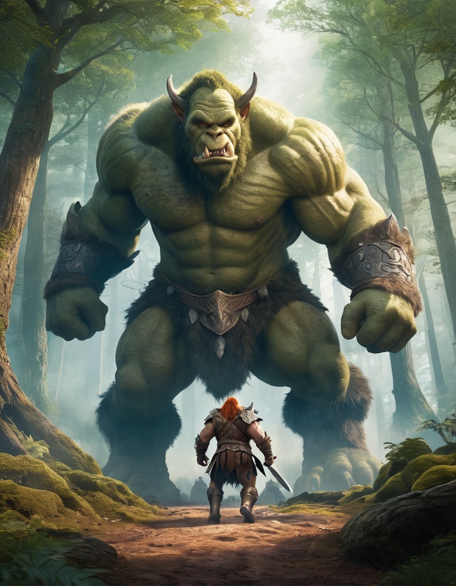 warrior, ogre, battle, forest, fantasy