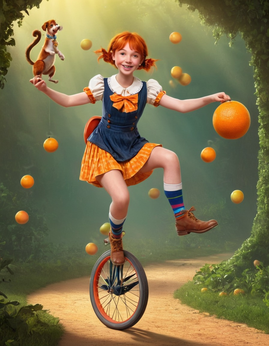 pippi longstocking, unicycle, juggling, oranges, fun, adventure, books