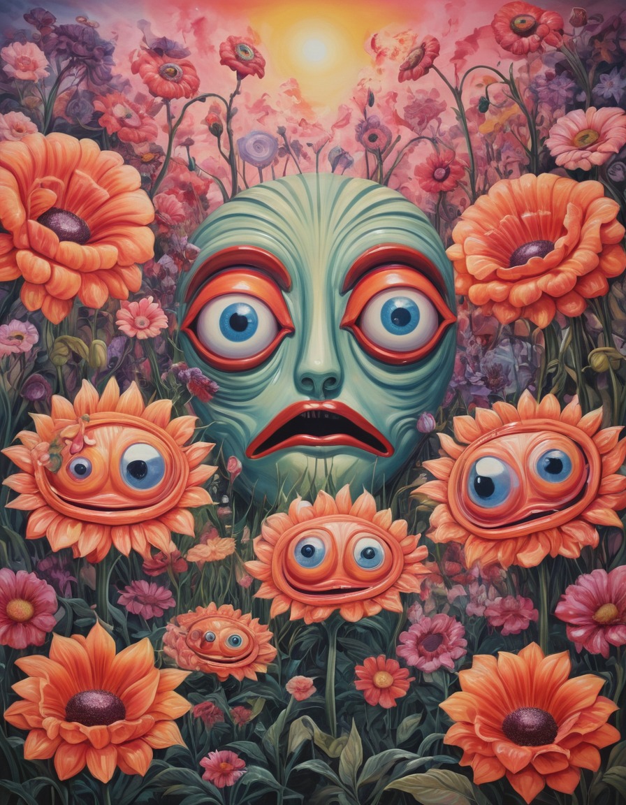 fantasy, surrealism, oversized flowers, personification, surreal