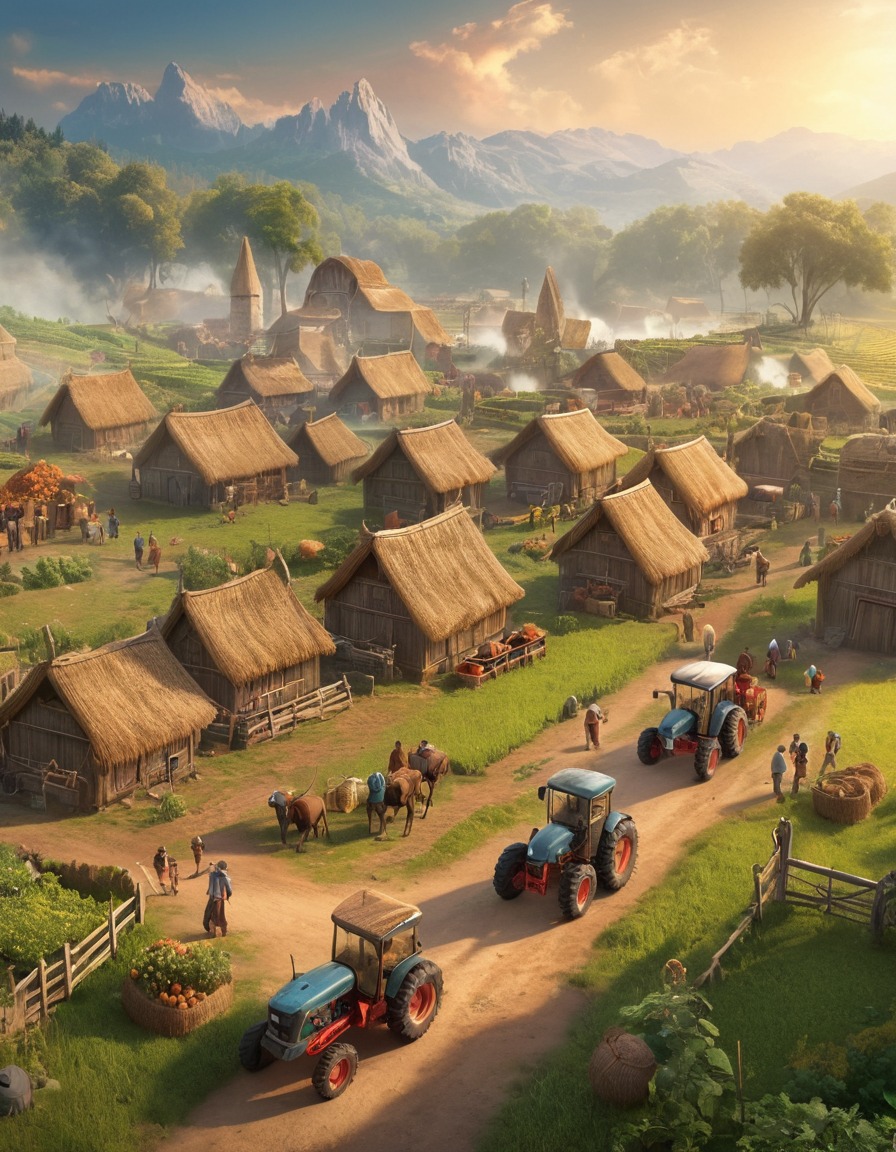 village, peasants, high-tech, farming equipment, medieval, art