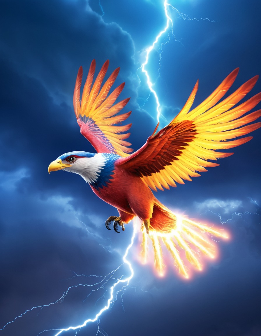 thunderbird, majestic, soaring, vibrant sky, storm clouds, lightning