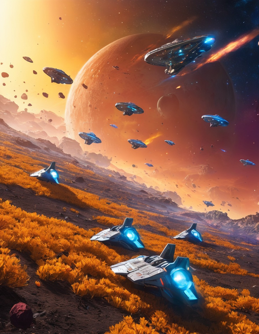 space, starships, field of space debris, colorful, traveling, galaxy, exploration