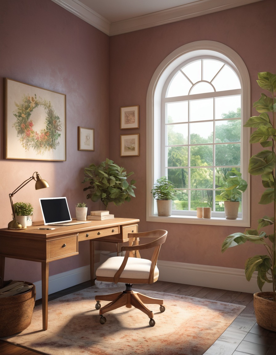 home office, desk, chair, window, garden, home, interior