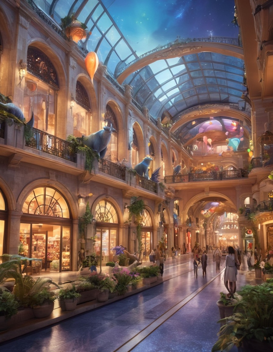 shopping mall, fantasy, fantastic city, fictional creatures, urban fantasy, magical shopping, mythical beings