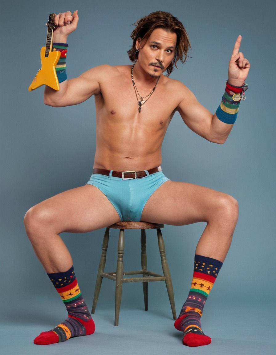 johnny depp, celebrity, colorful socks, air guitar, underwear, humor