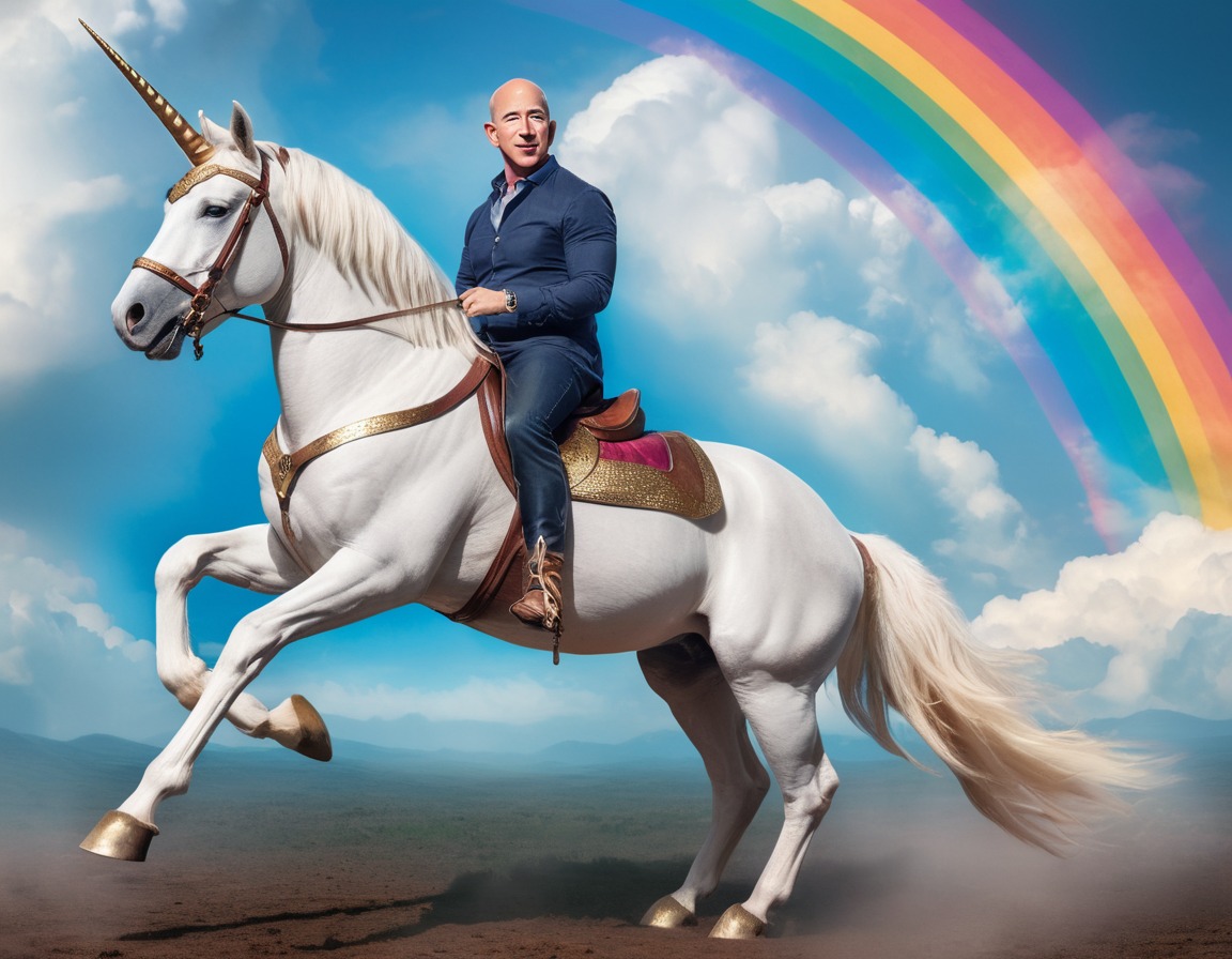 jeff bezos, unicorn, rainbow, space, fantasy, amazon