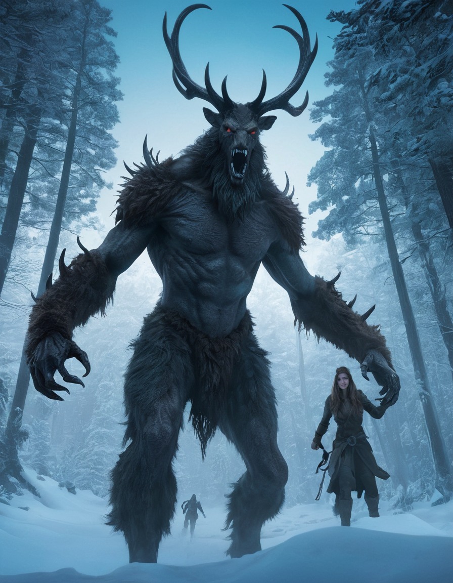 wendigo, adventurers, winter, forest, supernatural, encounter