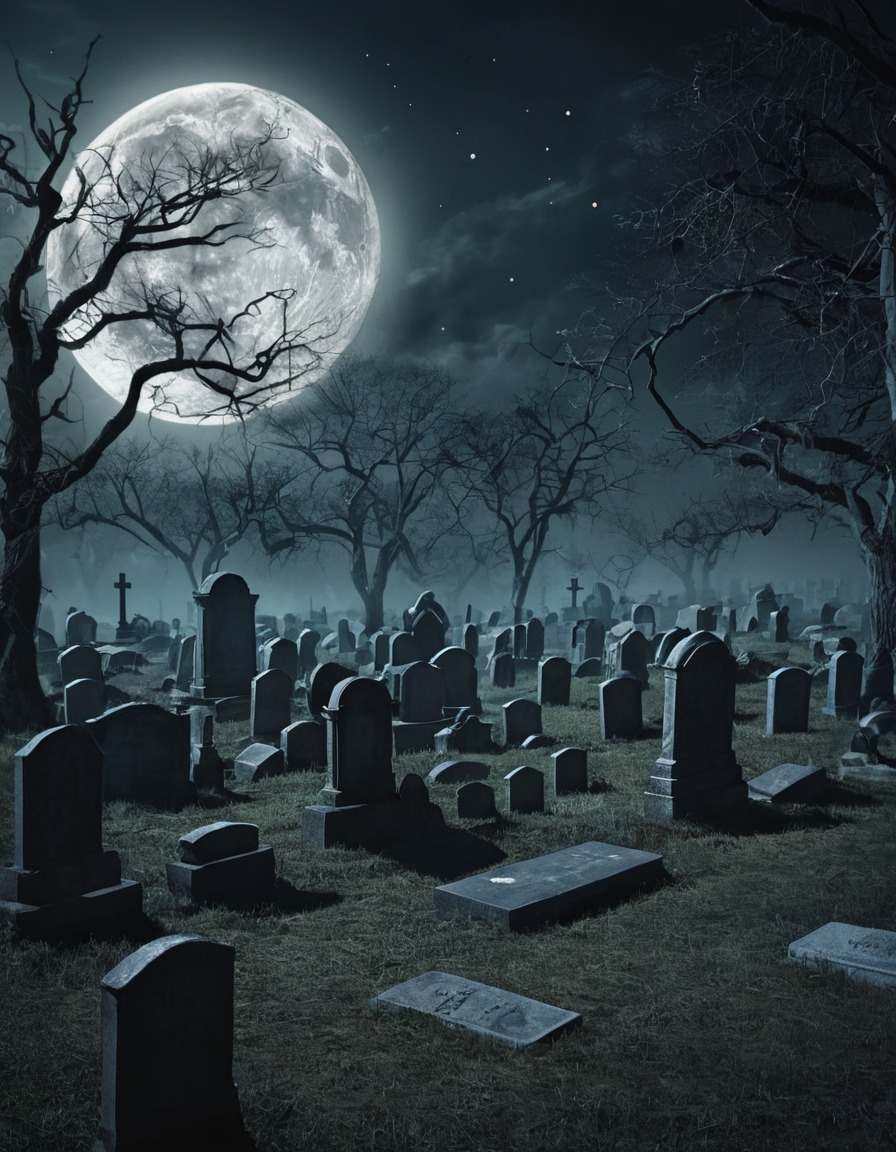 graveyard, moonlit, tombstones, spooky, night., gothic, underground, dark