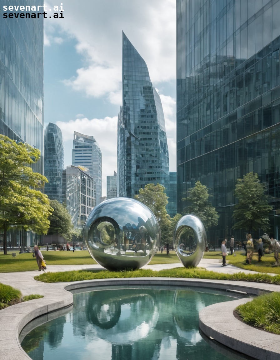 city park, contemporary art, sculptures, art installations, glass buildings, modern city, city