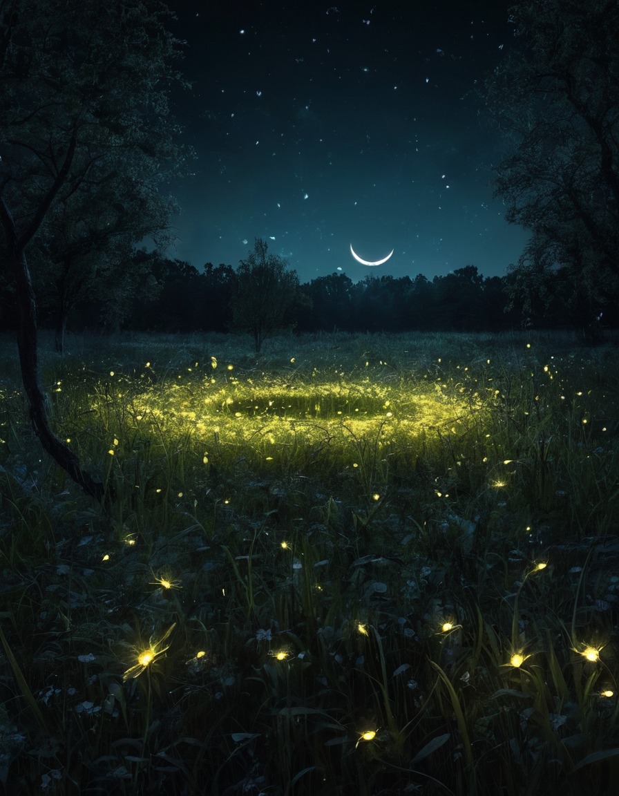 fireflies, glowing, moonlit, meadow, circle, mystical, nature