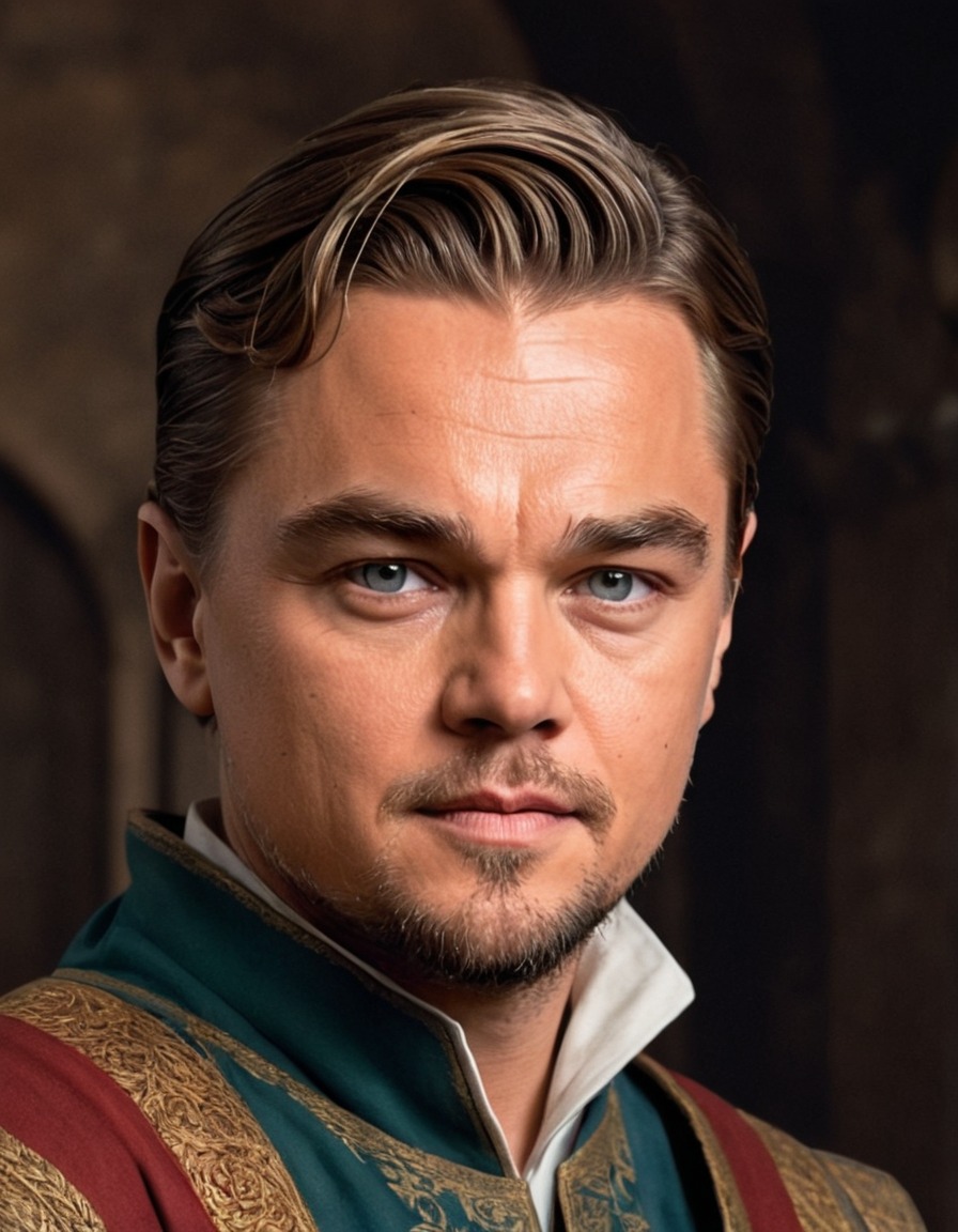 leonardo dicaprio, medieval clothing, portrait, painting, medieval art