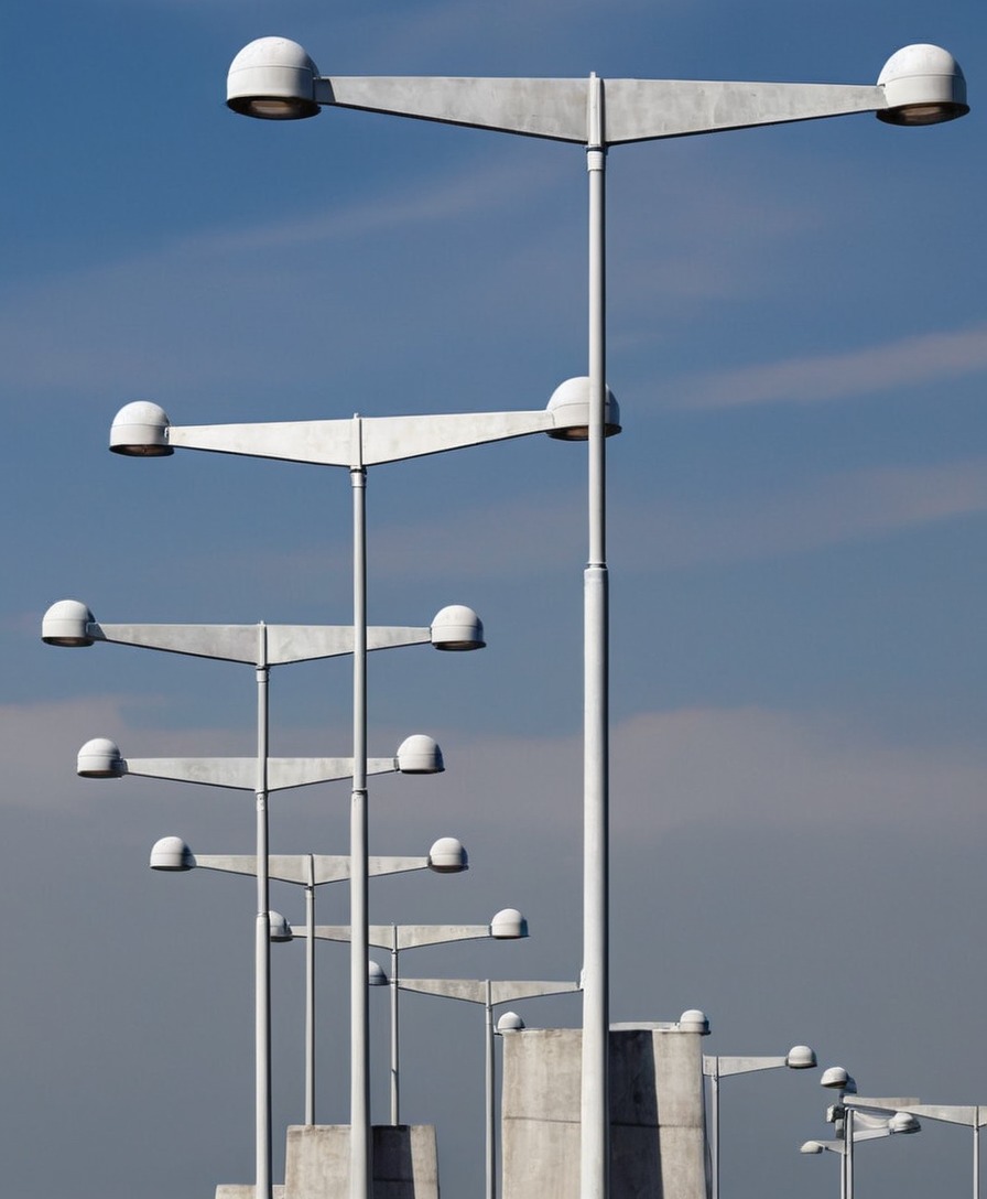 photography, architecture, streetphotography, sky, minimalistphotography, otherworldlycalm, etherealsymmetry, silentrhythm, geometricsimplicity, streetlightsequence, abstractorder, harmoniousstructure, symmetryinurbandesign, serenerepetition