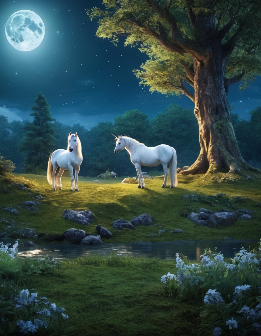 forest glade, unicorns, moonlight, fantasy scene, magical creatures