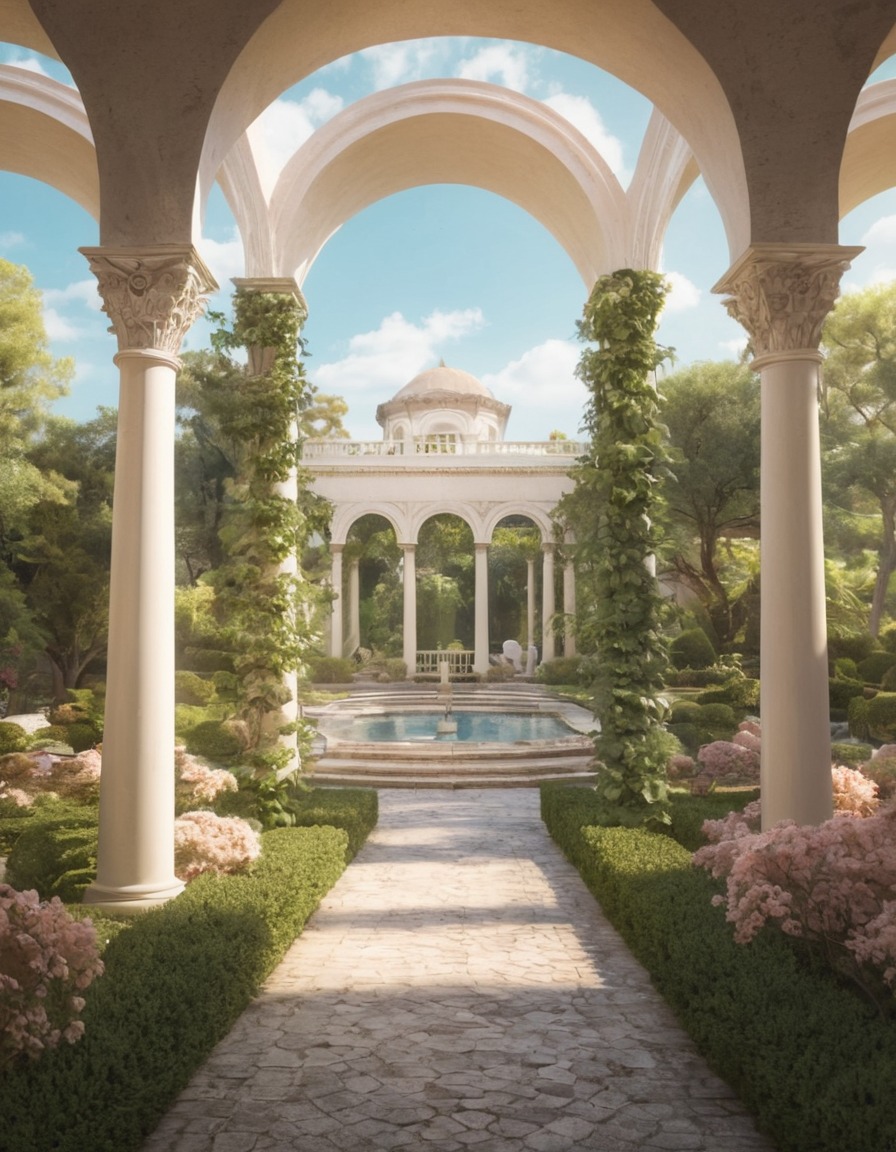 garden, archway, columns, serene, elegant