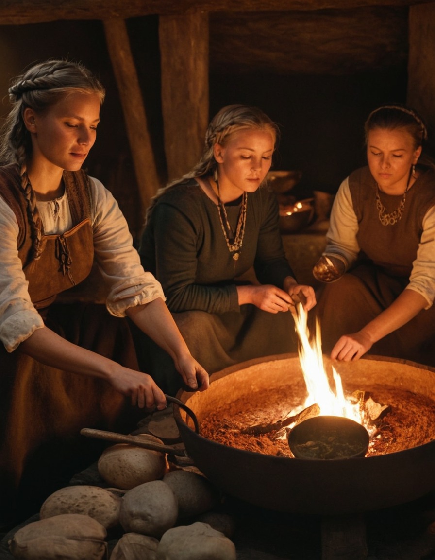 ancient women, communal meal, viking longhouse, hearth, 900 ad