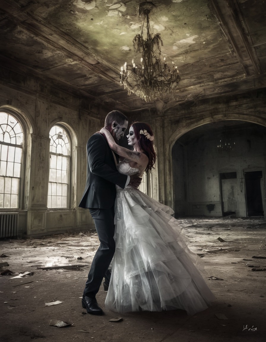 zombie, couple, wedding anniversary, dancing, creepy, abandoned ballroom