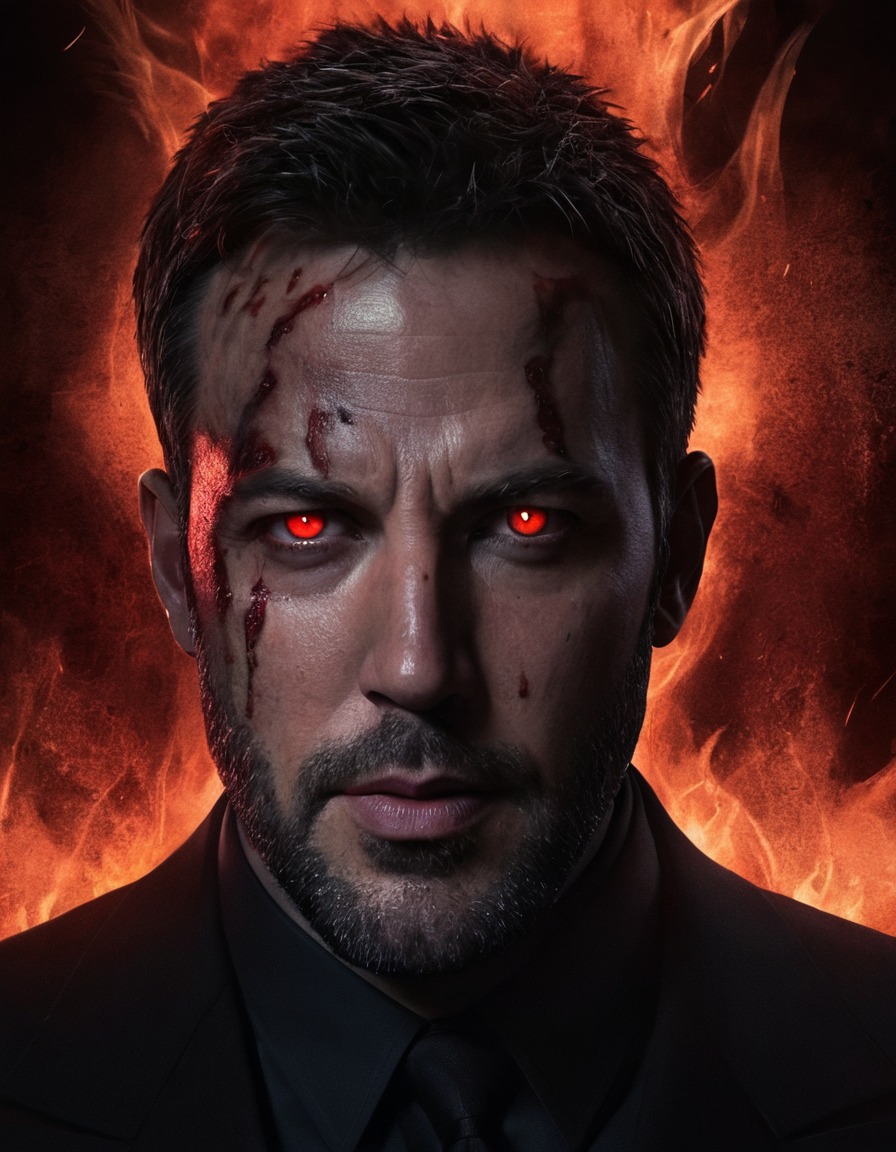 ben affleck, sinister, twisted, glowing eyes, shadows, flames