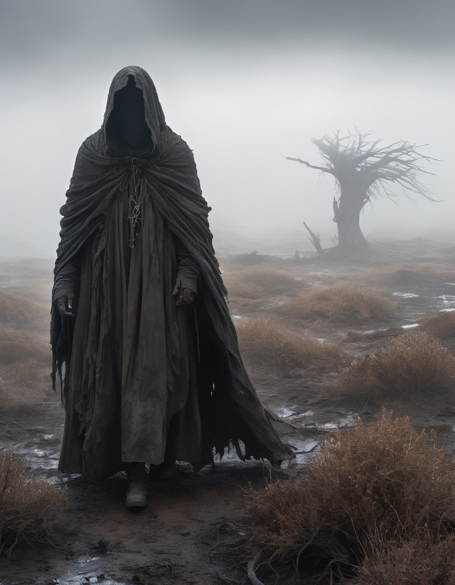 mist-shrouded, moor, lone figure, tattered cloak, desolate landscape, wanderer, solitude, gothic, underground, dark