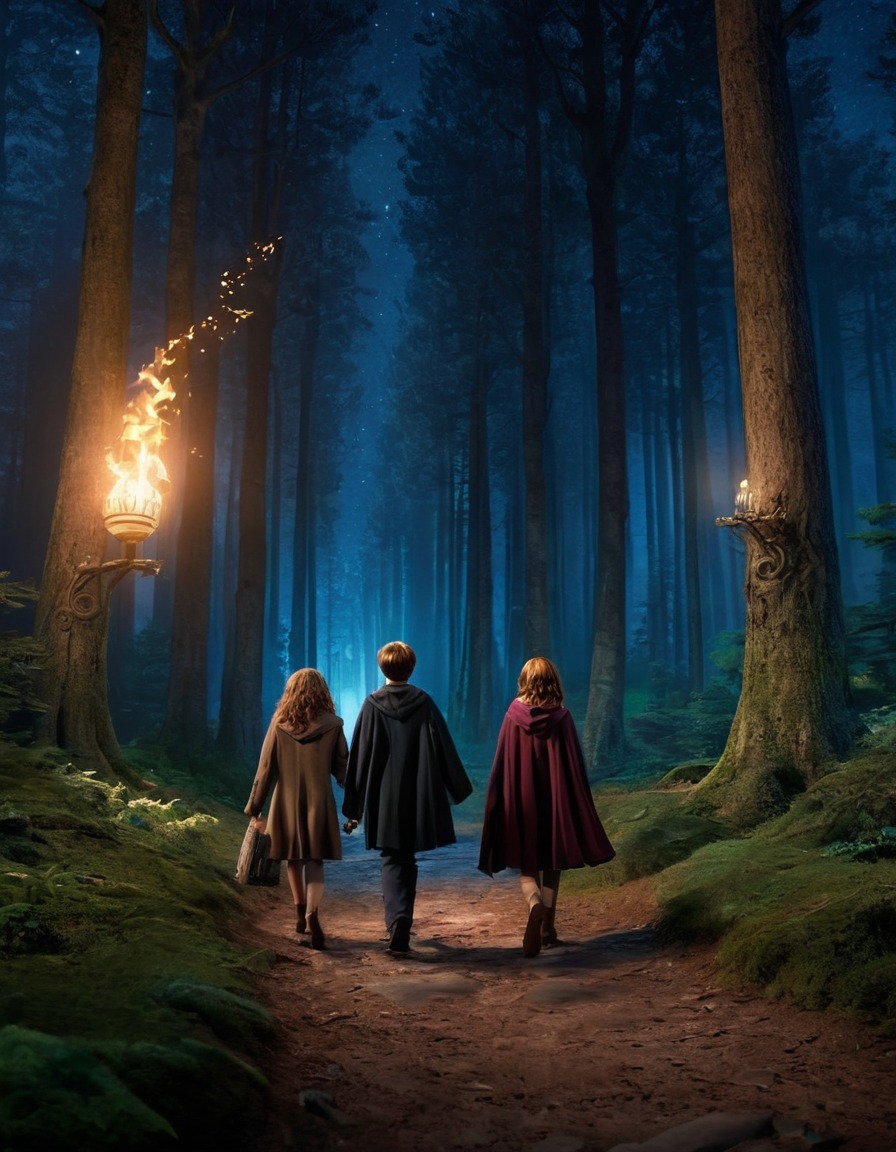 harry potter, ron weasley, hermione granger, forbidden forest, nighttime, adventure, friendship, books