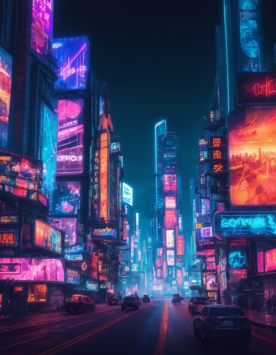 cityscape, neon lights, digital billboards, urban, nightlife, future