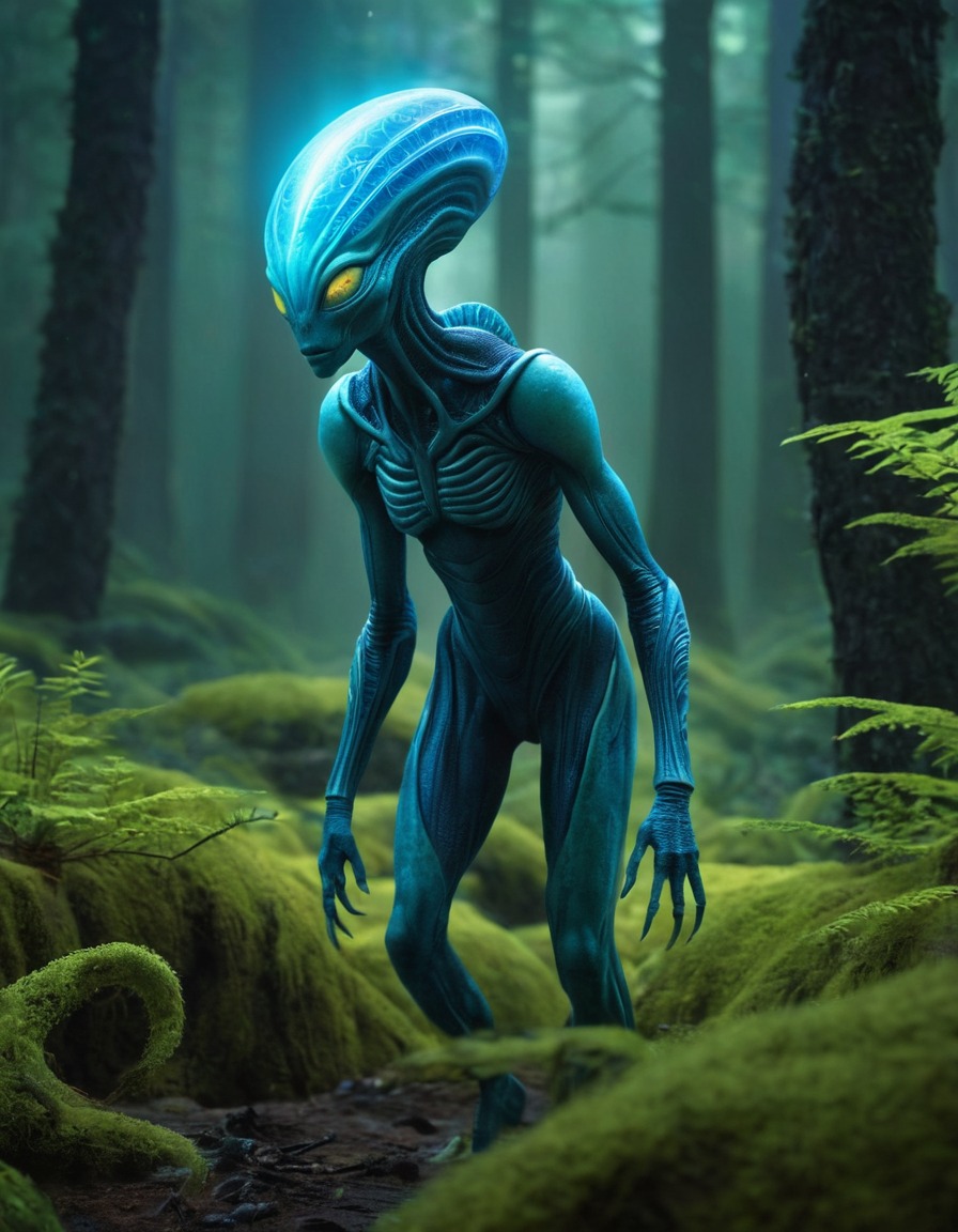 alien creature, bioluminescent patterns, glowing forest, distant planet, extraterrestrial, aliens