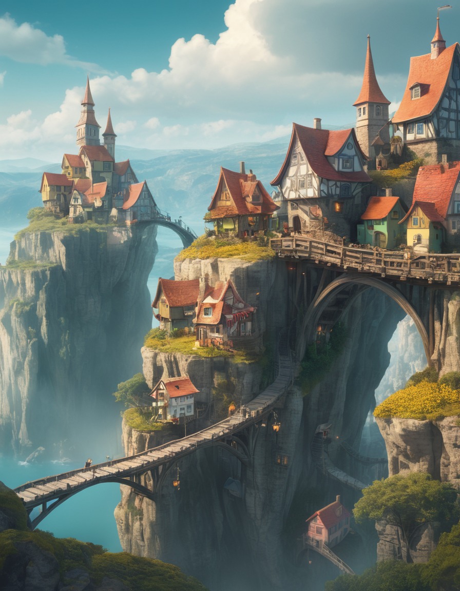 fantasy, village, cliffside, whimsical, architecture, fantastic